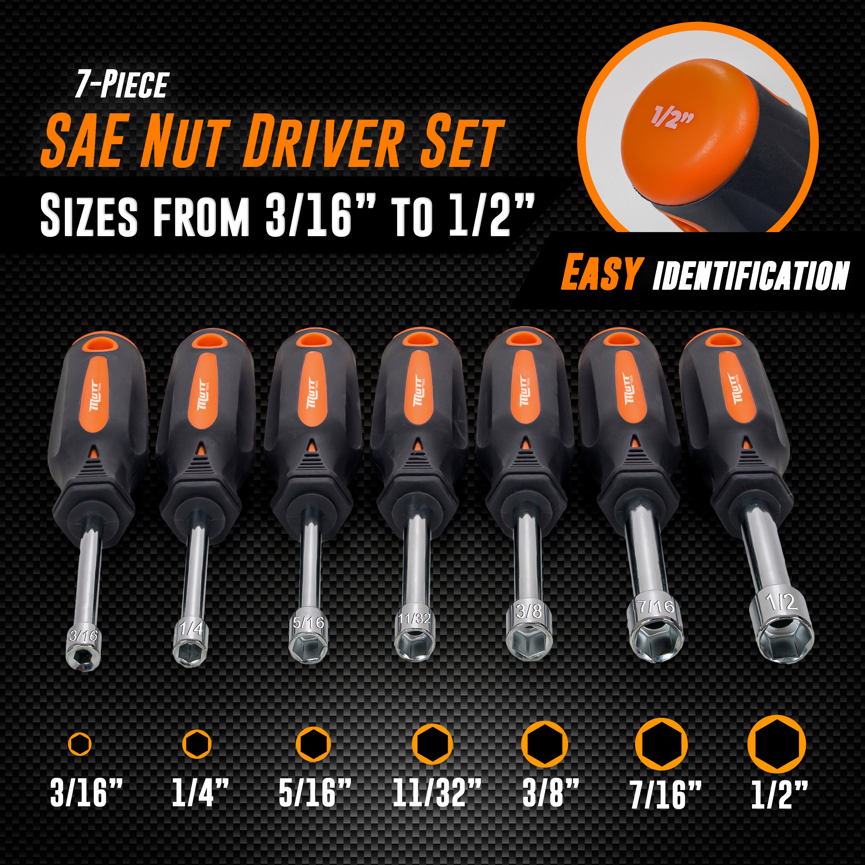 7pc SAE Nut Driver Set – Hollow Shaft Nut Driver Set with Comfort Grip – Hex Nut Driver Set