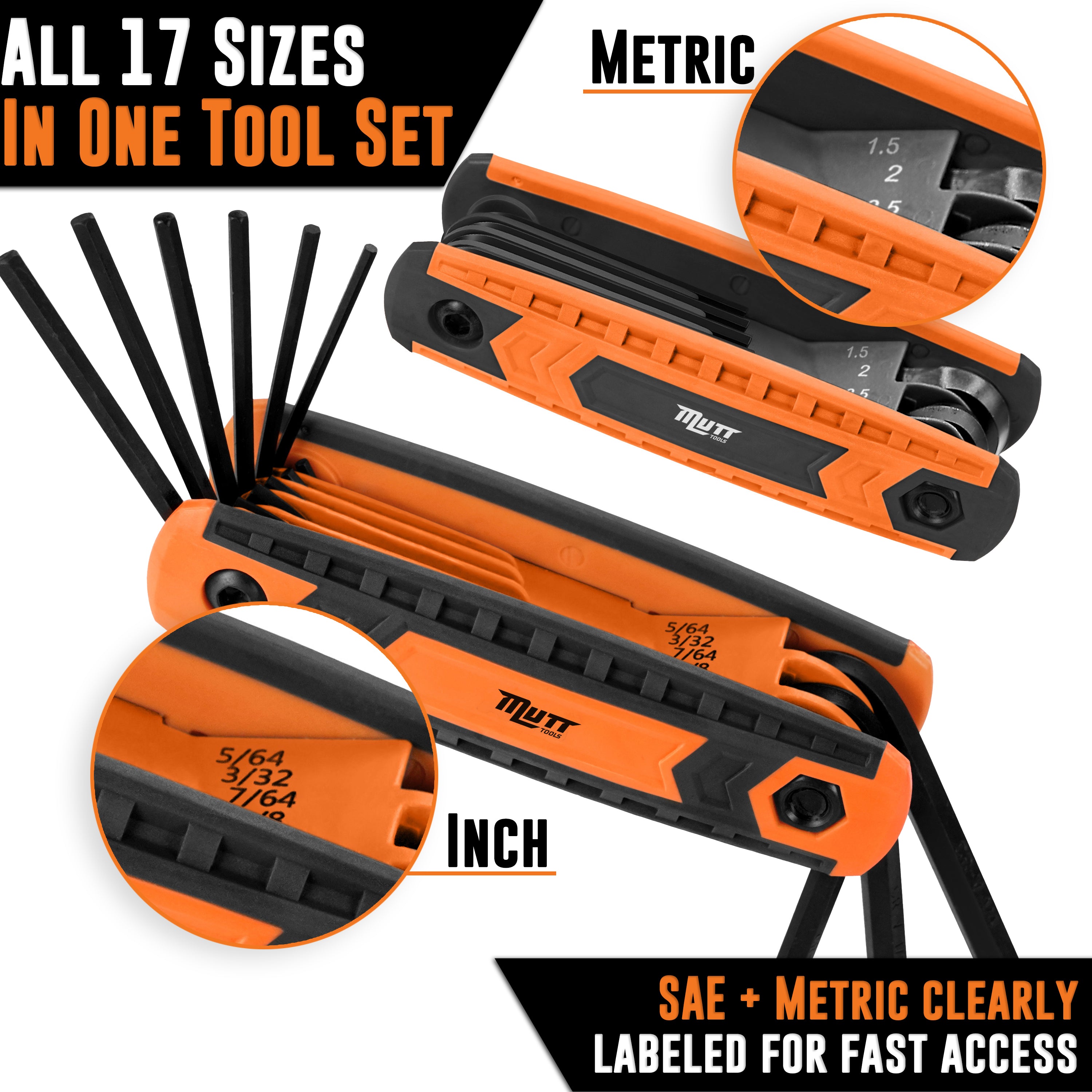 17pc Folding Allen Wrenches Sets | Includes Metric and SAE Hex Key Sets