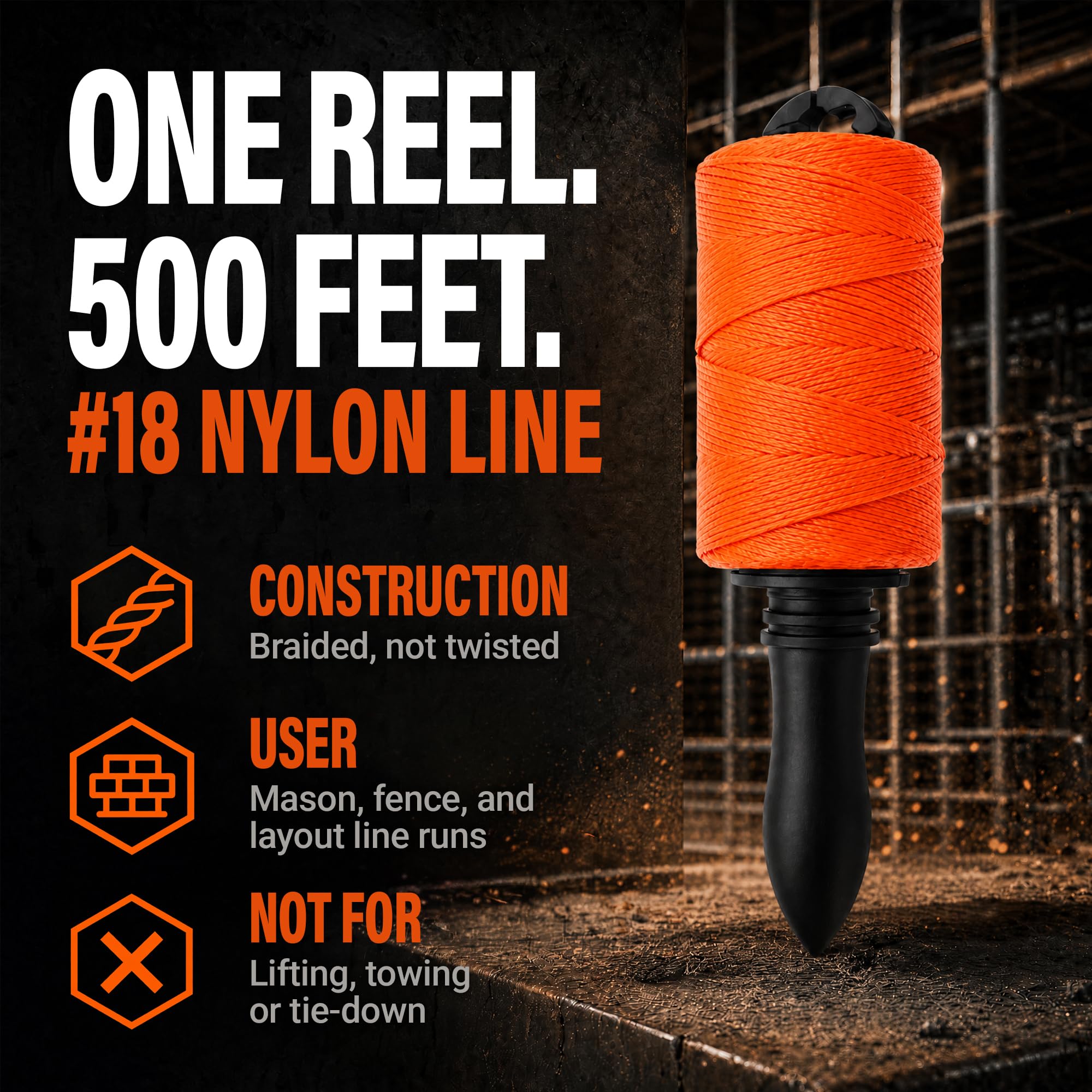 Mutt Tools #18 Braided Nylon Construction String Line Reel, 500ft Orange