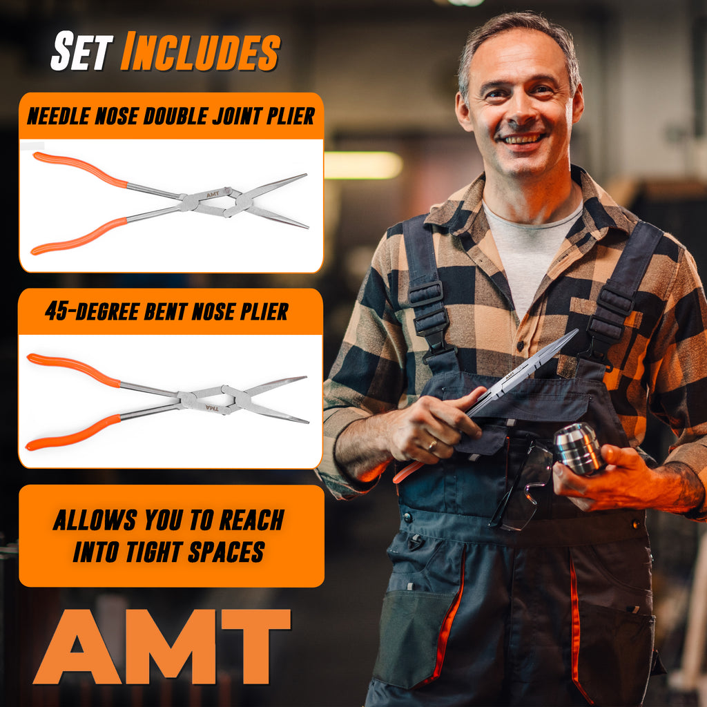 Mutt Tools 2pc Double Jointed Pliers – 13” Needle Nose + 45° Bent Nose, Locking Grip Set