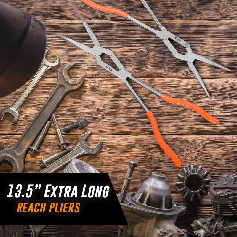 2pc Double Jointed Pliers Set – 13" Long Needle Nose Pliers and 45 Degree Bent Nose Pliers