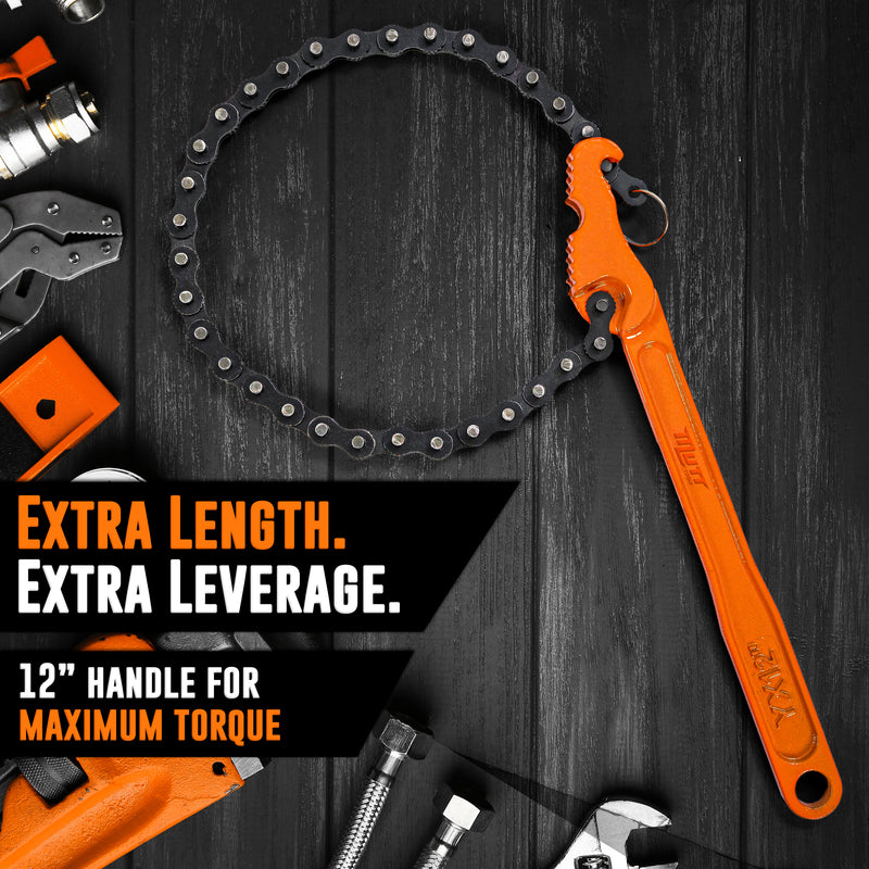 Chain Wrench Heavy Duty – Fits 1-1/2” to 6” Pipes and Filters – Chain Pipe Wrench and Chain Oil Filter Wrench