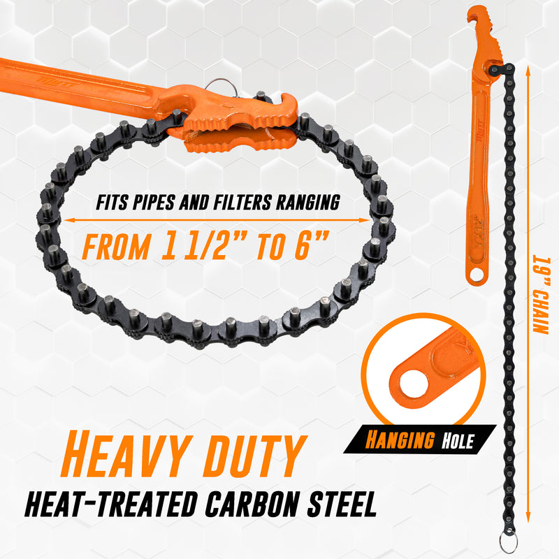 Chain Wrench Heavy Duty – Fits 1-1/2” to 6” Pipes and Filters – Chain Pipe Wrench and Chain Oil Filter Wrench